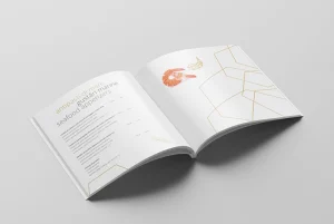 Broșură deschisă, design editorial alb cu accente roșii