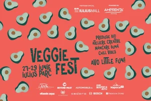 Afiș Veggie Fest cu avocado pe fundal coral, la Iulius Parc