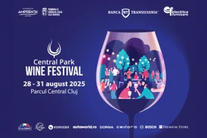 Afiș Central Park Wine Festival, 28-31 august 2025, cu un pahar de vin ilustrat