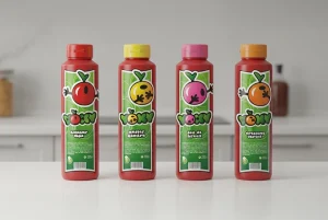 Patru sticle Yoky cu etichete colorate cu fructe