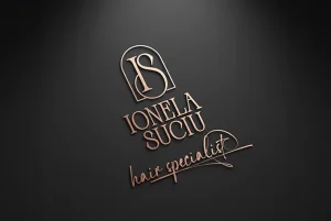 Logo Ionela Suciu, hair specialist, monogramă aurie pe fundal negru