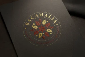 Logo Bacanalia cu mandala din condimente, imprimat pe carton negru