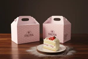 Cutii de prăjituri Dalyda, roz cu model, lângă o felie de tort