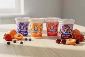 Design ambalaj pahare iaurt Bonas, grafică veselă și branding produse lactate, designer Zăineasca.