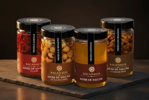 Design ambalaj și etichetă premium pentru borcane Bacanalia, packaging design produse alimentare Zăineasca.