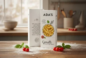 Cutie de paste Ada's Gemelli pe o masă cu făină și roșii
